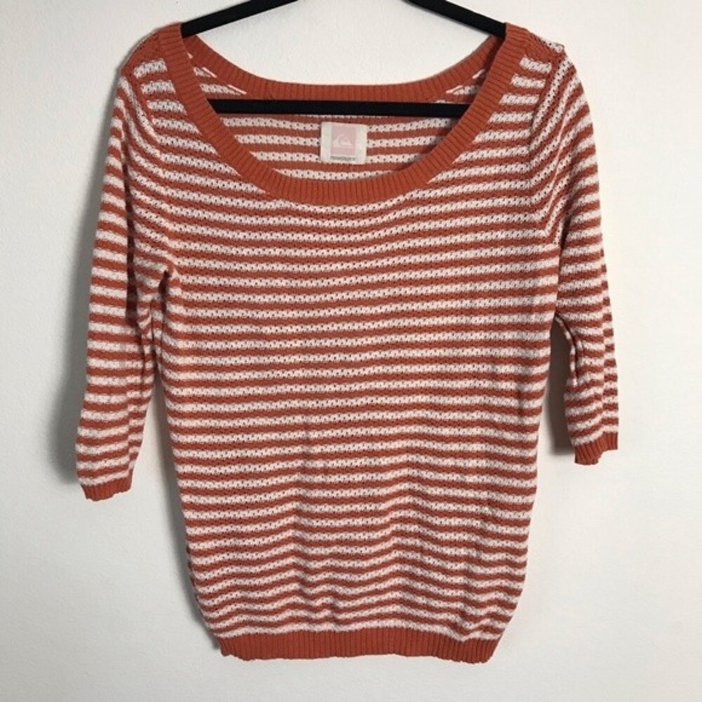 Quiksilver Knit Striped Sweater- 3/4 Sleeve- Orange & White- Size Medium